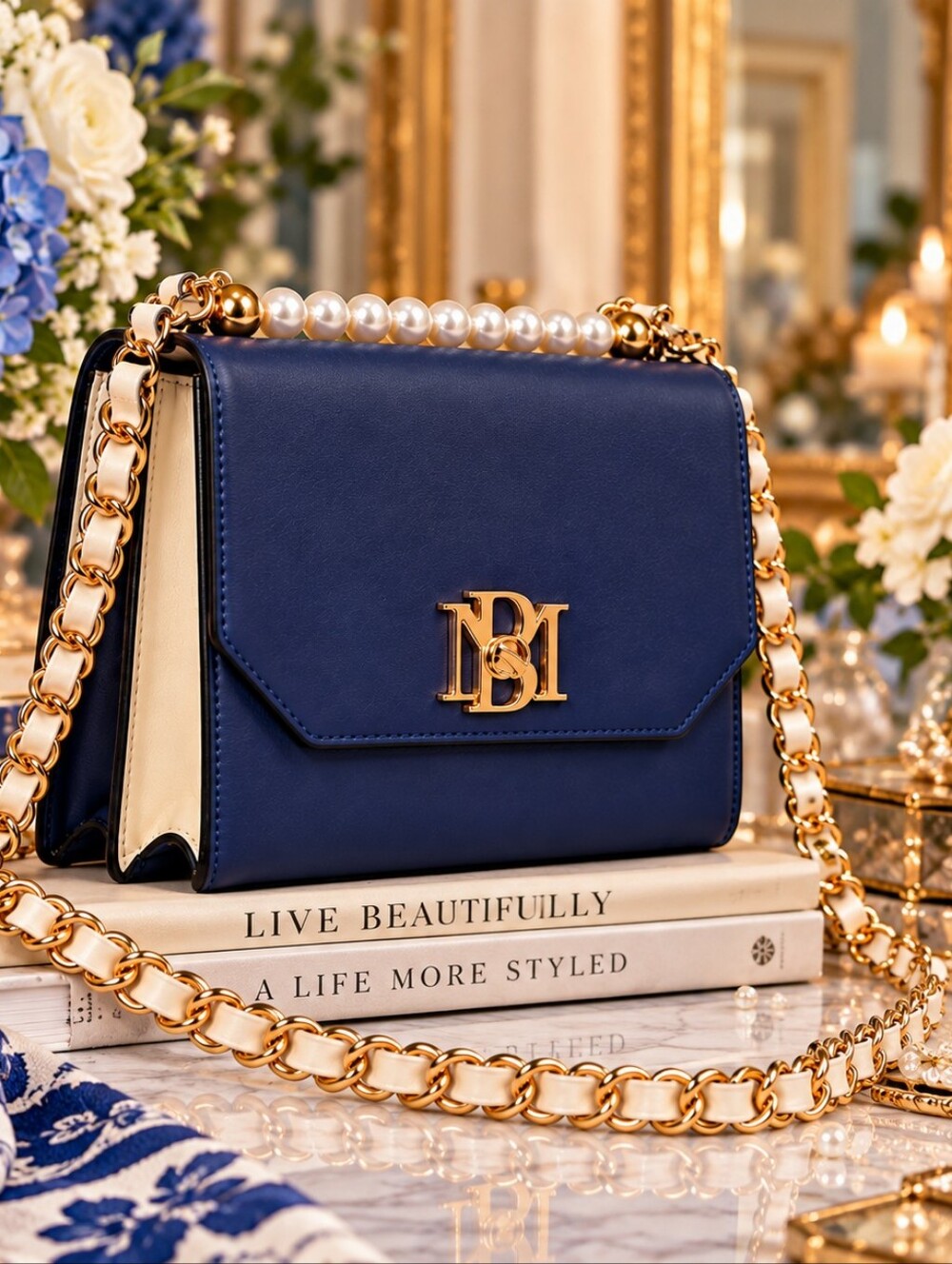 H-125 NWT Badgley Mischka Navy & Cream Two-Tone Pearl Handle Crossbody Bag